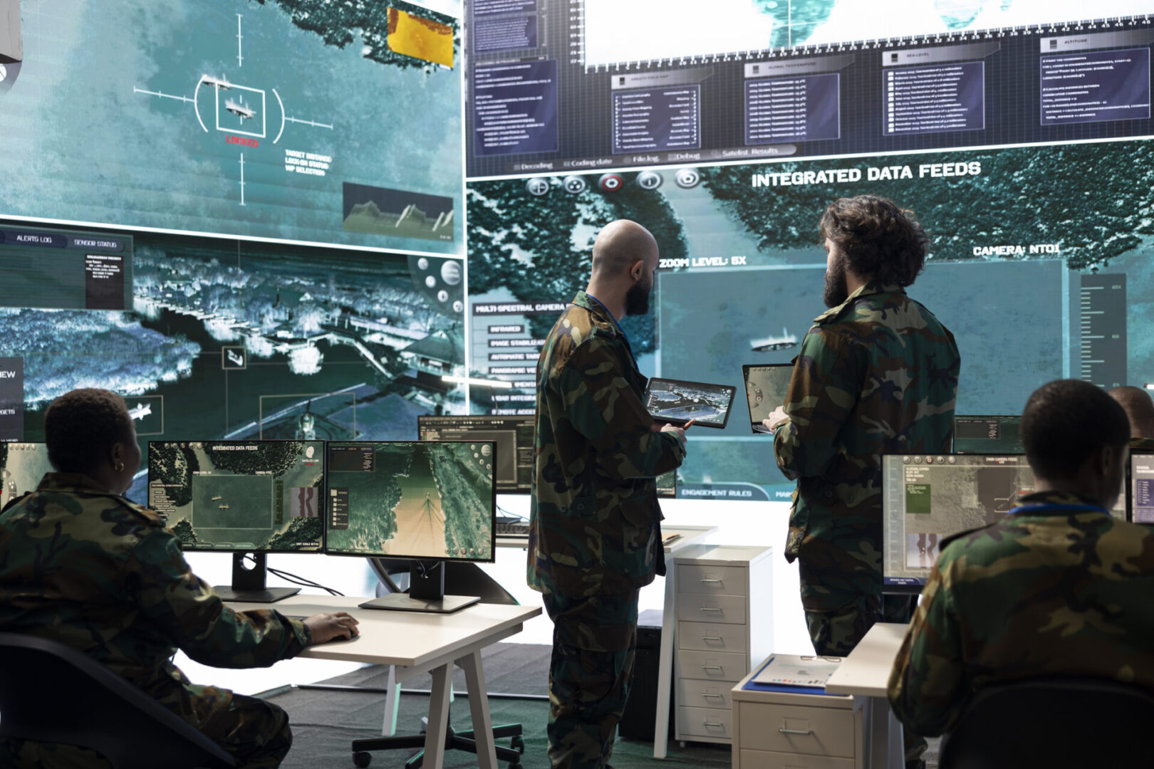 Military personnel analyzing data on multiple screens.
